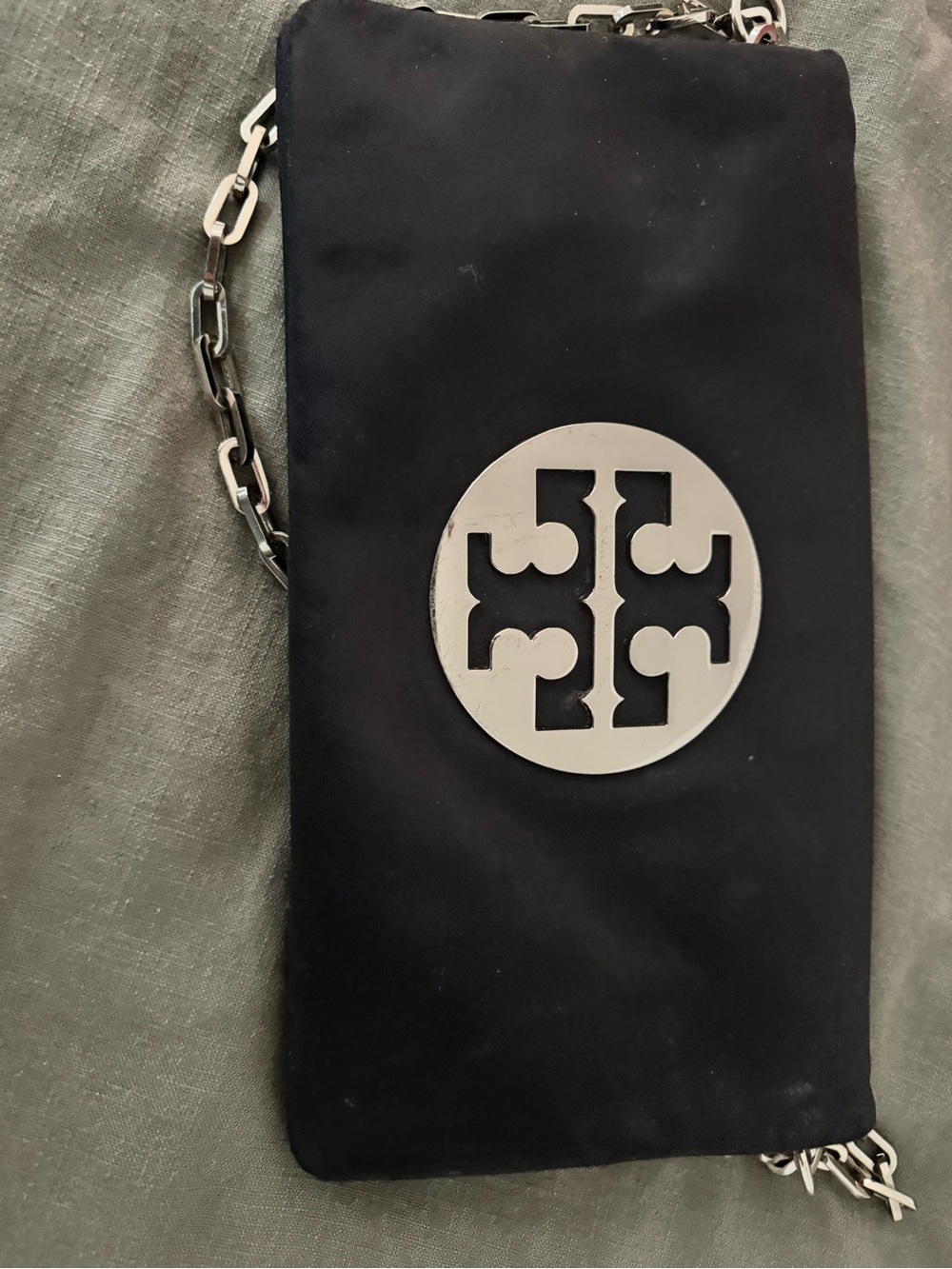 Tory Burch Black Nylon Crossbody with Silver Logo Chain